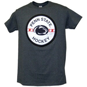 navy heather short sleeve t-shirt with large Penn State Hockey puck